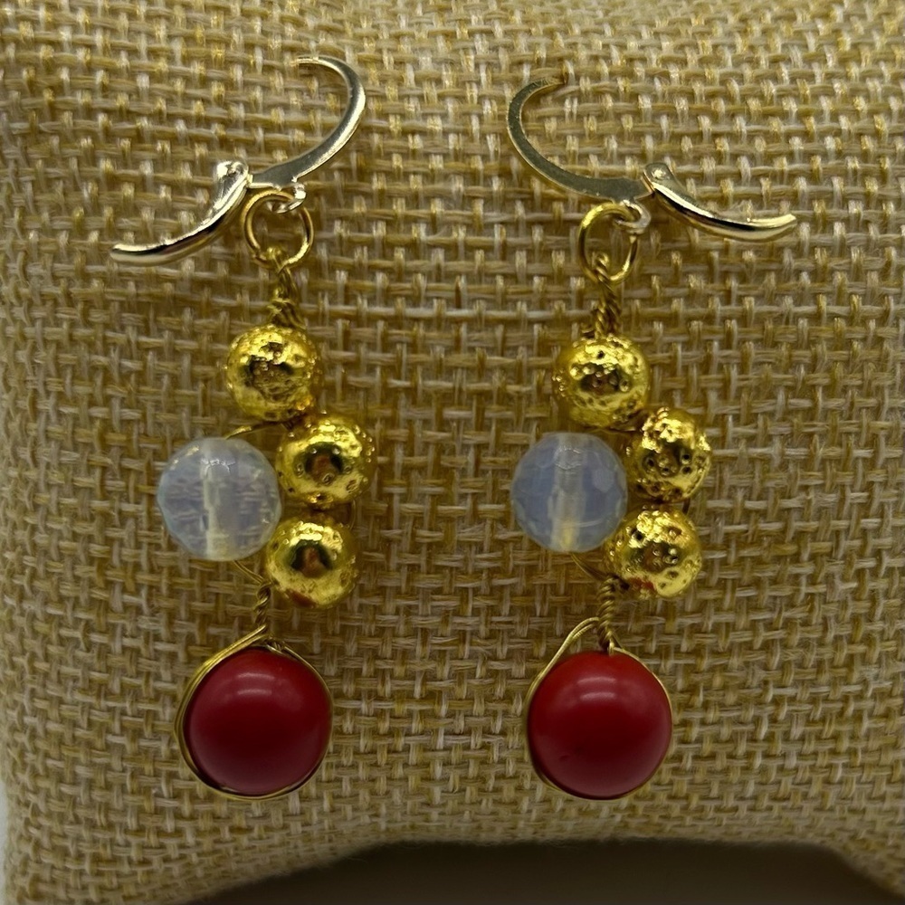 Red coral, moonstone handmade earrings. New